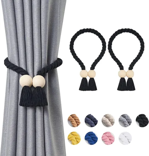 Vista 19 de NICEEC 2 Pack de Alzapaños Magnéticos de Madera en Forma de Cubo Boho para Decoración del Hogar, Alzapaños de Lino Tejidos a Mano para Cortinas Beige