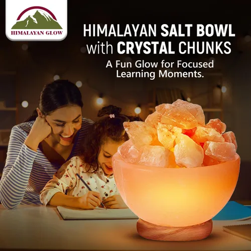Vista 2 de Himalayan Glow Lámpara de cuenco de masaje con trozos de cristal de sal natural, cable de atenuación con base de madera clásica, lámpara de sal