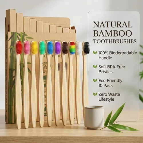 Vista 5 de Cepillos de dientes de bambú de 10 colores vibrantes Cepillos de dientes suaves sin BPA Cepillos de dientes ecológicos biodegradables