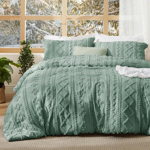 Vista 26 de Bedsure Juego de edredón bohemio copetudo, tamaño individual, juego de cama bohemio azul pizarra, GentleSoft™ 2 piezas de ropa de cama bordada