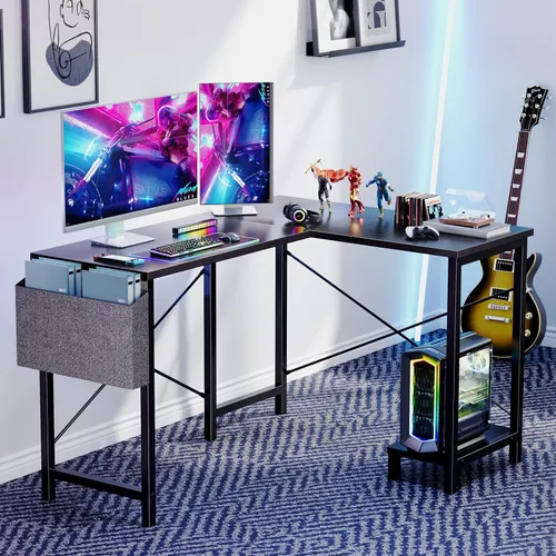 Vista 7 de Sweetcrispy Escritorio en forma de L – Escritorio de computadora, escritorio de esquina, escritorio para juegos, mesa de PC con soporte para CPU