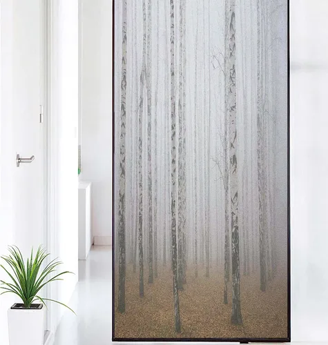 Vista 31 de Película decorativa de privacidad para ventana, control de calor, bloqueo solar, protección UV, diseño de bosque de abedul, adherencia estática