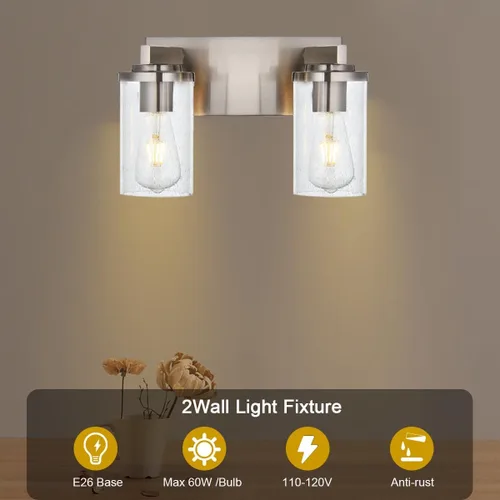 Vista 5 de BONLICHT Lámpara de pared de níquel cepillado de 2 luces con pantalla de cristal transparente, luces industriales de baño para interiores sobre