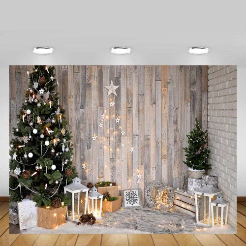 Vista 3 de MEHOFOND Árbol de Navidad de invierno de 8 x 6 pies, fondos de pared de madera marrón rústica, estrellas, regalos, corona, fotografía, fondo, feliz
