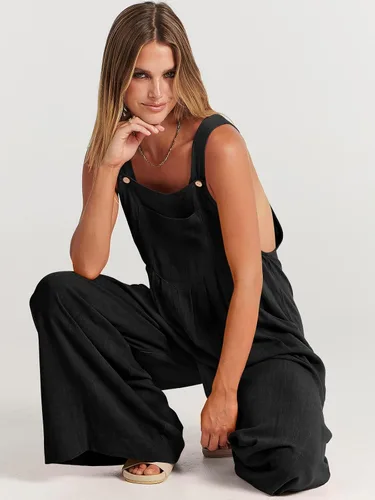 Vista 4 de ANRABESS Overol para mujer, de pierna ancha, casual, de verano, de lino, sin mangas, con tirantes, ropa 2024