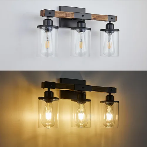 Vista 5 de Luminarias de Baño de 3 Luces, Luz de Tocador de Baño Estilo Granja Madera Rústica Industrial Vintage Negra Pequeña Lámpara de Pared Aplique sobre
