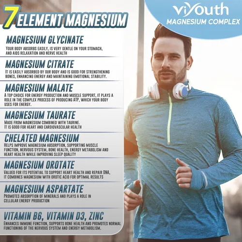 Vista 3 de Suplemento complejo de magnesio 7 avanzado con 7 formas de magnesio (glicinato, malato, quelato, aspartato, orrotato, taurina, citrato), zinc