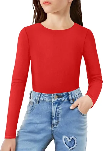 Vista 10 de Arshiner Camisas de punto acanalado de manga larga para niñas, suaves, ajustadas, cuello redondo, casual, capa base Blanco