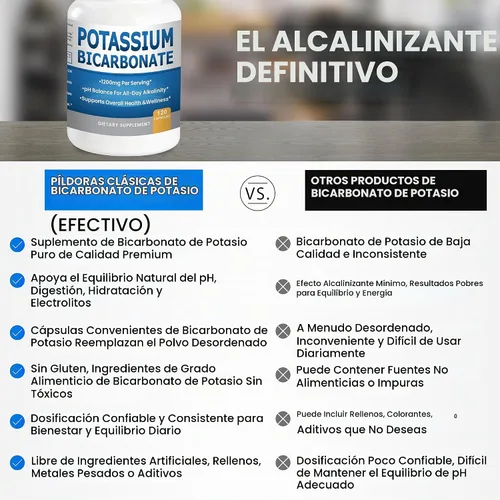 Vista 8 de Suplemento de bicarbonato de potasio puro Cápsulas Píldoras de equilibrio de pH, electrolitos de alto potasio 1200 mg Serv. Grado alimenticio