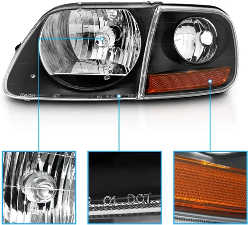Vista 3 de AmeriLite Faros delanteros de cristal negro con juego de aparcamiento en esquina para Ford F150 F-150 Harley Lighting - Conductor y pasajero
