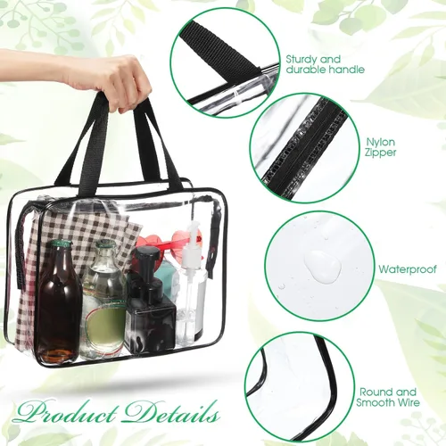 Vista 3 de Reginary Paquete de 10 bolsas grandes transparentes de maquillaje cosmético con cremallera y asa, bolsa de viaje de plástico de PVC, organizador