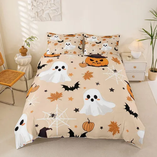 Vista 13 de Erosebridal Funda de edredón de calabaza con diseño de murciélagos para Halloween, juego de ropa de cama con sombrero de bruja, funda de edredón