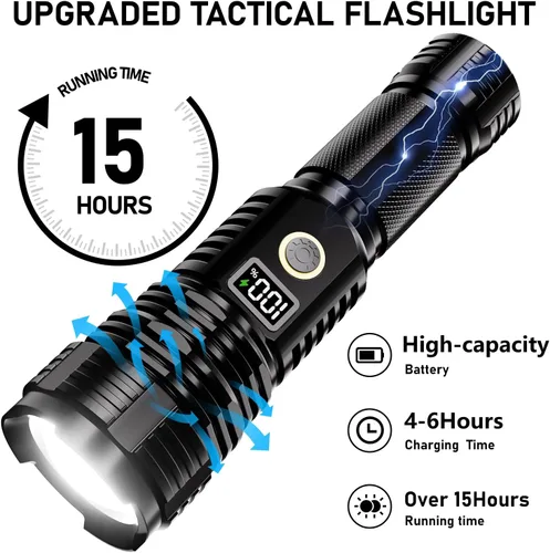 Vista 4 de Linternas recargables de alto lúmenes, 10000 lm LED súper brillante, linternas con zoom con pantalla digital LCD, 5 modos, impermeable, potente