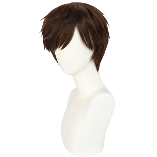 Vista 4 de Peluca marrón para hombre, corta, esponjosa, recta, pelo en capas Natural Marrón