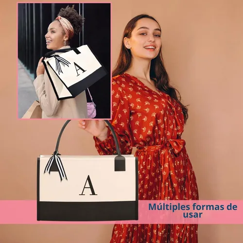 Vista 6 de Monogrammed Canvas Tote Bag with Zipper Pockets - Ideal Gift for Mom, Teacher, Sister