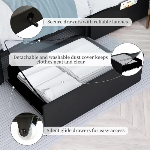 Vista 5 de SIBEDS Base de cama completa con LED y 2 cajones, marco de cama de plataforma de metal resistente de tamaño completo con cabecera ajustable