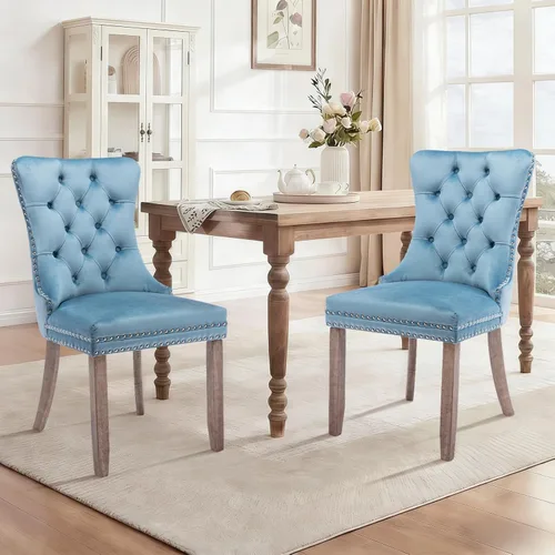 Vista 67 de Juego de 2 sillas de comedor de terciopelo con patas de madera, color beige Mid Century Modern Dining Chairs,Upholstered Chairs with Nailhead