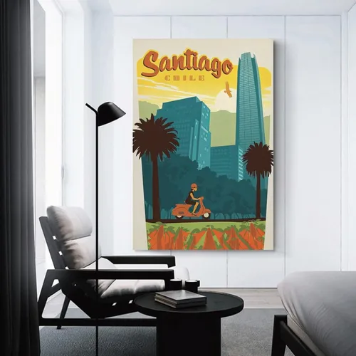 Vista 2 de Póster de Chile Santiago, impresión de póster de viaje de Países del Mundo, impresión vintage de lienzo de mediados de centavo, arte de pared