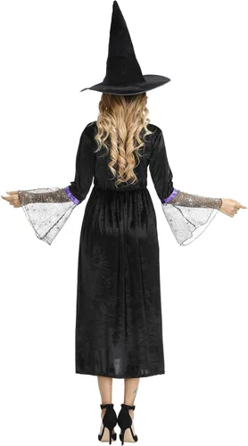 Vista 5 de Zhitunemi Disfraz de bruja para mujer vestido de hechicera sombrero de bruja malvado de araña disfraces