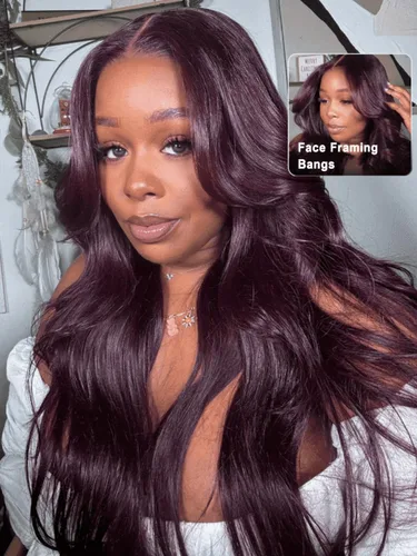 Vista 3 de UNICE Peluca de Cabello Humano Black Cherry Loose Wave Bye Bye Knots con Encaje Frontal de 7x5 con Cordón, con Flequillo Enmarcador del Rostro, Pre