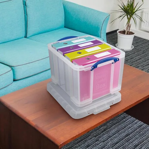 Vista 5 de Really Useful Box Paquete de 3 contenedores de almacenamiento de plástico transparente con tapas y asas de clip, 32 litros - Contenedores
