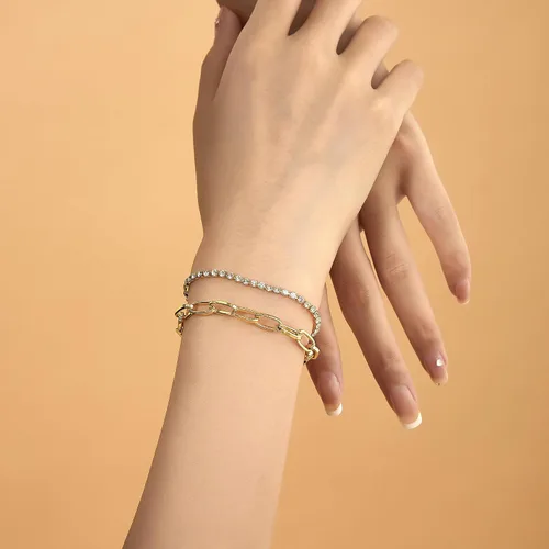 Vista 3 de Aprilery Pulseras de oro para mujer, delicadas pulseras de oro de 14 quilates con clip de papel con estaca ajustable en capas, joyería