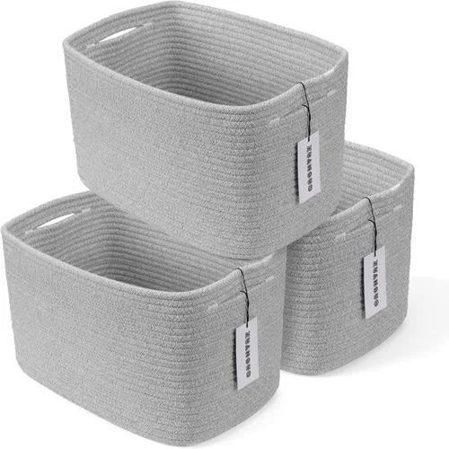 Vista 15 de Cesta de almacenamiento de cuerda de algodón, cesta tejida para organizar estantes, 15 x 10 x 9.3 pulgadas, cestas decorativas rectangulares