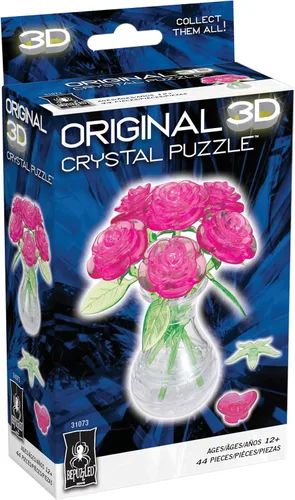 Vista 2 de BePuzzled Rompecabezas original de cristal 3D de Roses in Vase, a partir de 12 años, rosa