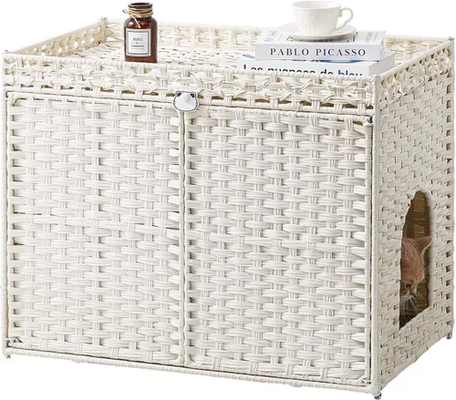 Vista 11 de SETVSON Muebles de caja de arena para gatos, caja de arena oculta, armario de arena para gatos con 2 alfombrillas de arena, casa de gato tejida a