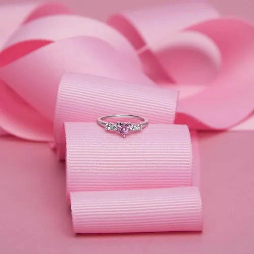 Vista 4 de 925 Sterling Silver Size 2-5 Brilliant Clear Round Pink Heart Cubic Zirconia Rings for Girls - Fashionable CZ Ring Bands for Preteens Teens - Cute