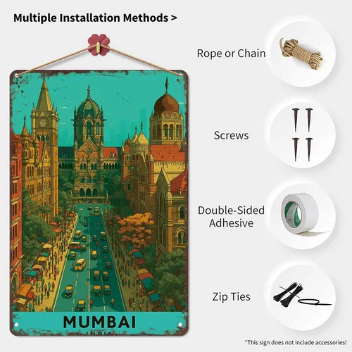 Vista 3 de Funny Metal Sign Mumbai, India - Cultural City Poster Wall Art Tin Signs For Home Man Cave Office Bedroom Wall Decor 8x12inch