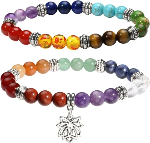Vista 20 de Eigso Pulsera elástica de piedra de cristal de meditación curativa de 7 chakras para mujer con símbolo de loto, yoga, árbol, OM