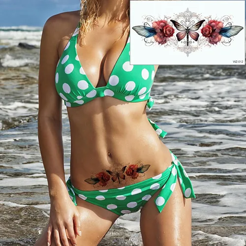 Vista 3 de Tatuajes temporales de flores sexys, mariposas, 20 hojas grandes, flores rojas, encaje, ombligo, busto, estómago, glúteos, piernas, brazos, parte