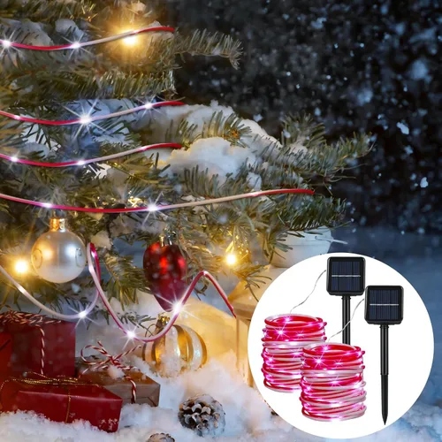 Vista 7 de 2 luces solares de Navidad para exteriores, color caramelo, impermeables, parpadeantes, 33 pies, 100 luces LED impermeables, luces de Navidad
