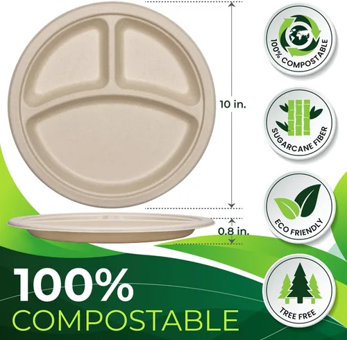 Vista 2 de 150 platos de papel marrón 100% compostables de 10 pulgadas, platos desechables resistentes de 3 compartimentos, platos seccionales ecológicos