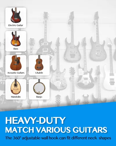 Vista 5 de STRICH SMH-02A - Percha de pared compacta para guitarra, paquete de 2 unidades, gancho de metal ajustable multiángulo de brazo corto para una