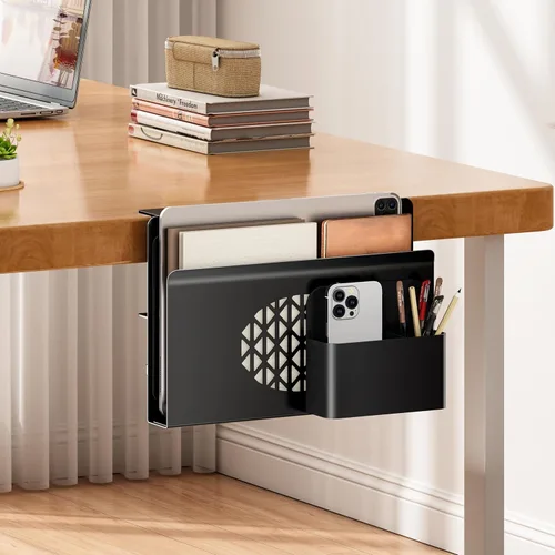 Vista 3 de Almacenamiento lateral de escritorio, soporte de metal para portátil con caja magnética para bolígrafos, organizador con abrazadera debajo