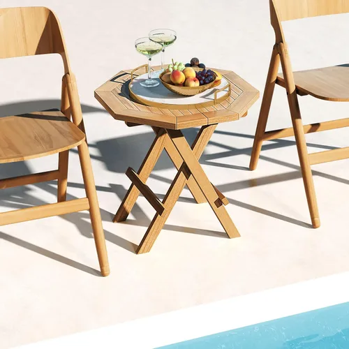 Vista 9 de RELAX4LIFE Mesa auxiliar plegable para exteriores, mesa auxiliar de madera de teca, mesa de café octogonal con mesa de listones, mesa de campamento