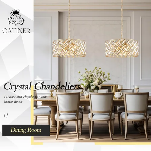 Vista 3 de CATINER - Candelabro de cristal dorado de 18 pulgadas, colgante semiempotrado de 6 luces grande dorado