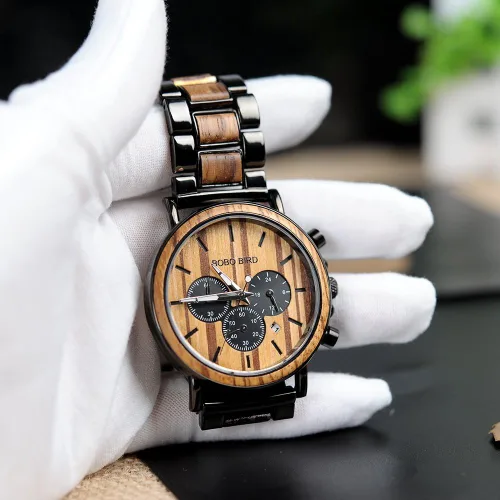 Vista 2 de BOBO BIRD Relojes de madera para hombre, con cronógrafo combinado de madera y acero inoxidable, cuarzo militar, relojes de pulsera casuales