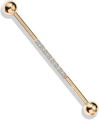 Vista 3 de Blue Palm Jewelry Barra industrial de acero quirúrgico 316L de calibre 2-14, 1.496in, 316L, con circonita cúbica forrada en barra de oro rosa IP