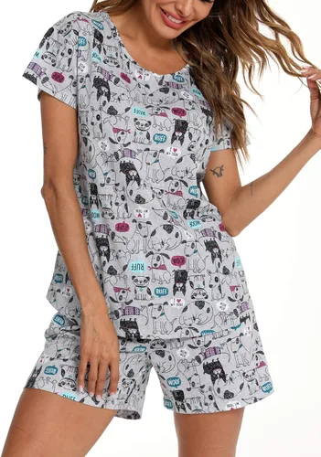 Vista 2 de ENJOYNIGHT - Conjunto de pijama estampado de camiseta y pantalones cortos con bolsillos para mujer