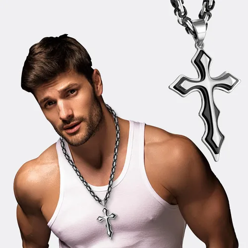Vista 6 de FULULAY Collar con colgante de cruz de Jesucristo grande de acero inoxidable para hombre con cadena bizantina de 22, 24, 26 pulgadas