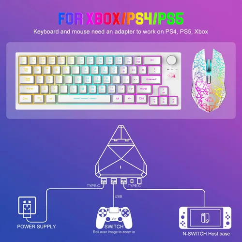 Vista 8 de FELICON Combo de teclado y mouse inalámbricos de 2.4G, teclado mecánico TKL retroiluminado RGB y mouse iluminado de 7 colores, alfombrilla de mouse