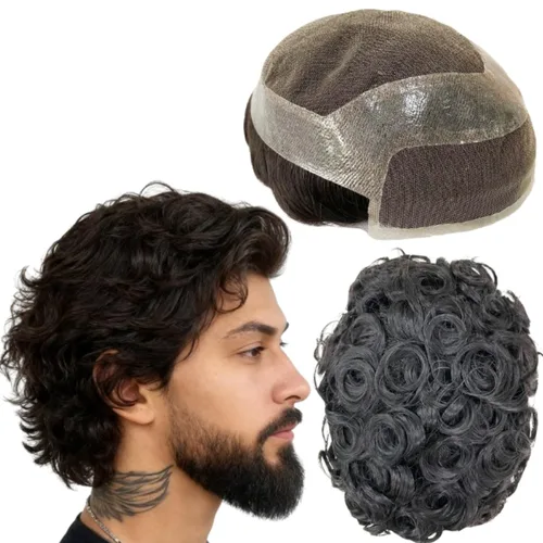 Vista 6 de Toupee - Pelucas de cabello humano para hombre, tupé europeo virgen, unidades de cabello humano ondulado, peluca para hombre, sistema de reemplazo