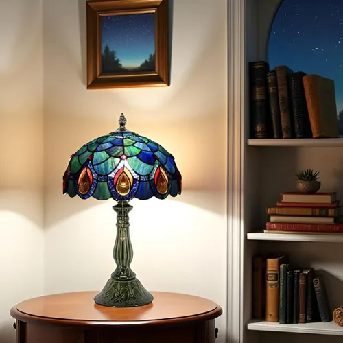 Vista 5 de Tiffany Style Stained Glass Table Lamp 18.5 Inch - Blue Peacock Tail 12X12X18.5 Inch, E26 Bulb Base，Pull Chain Switch, Ceramic Base, Bedside
