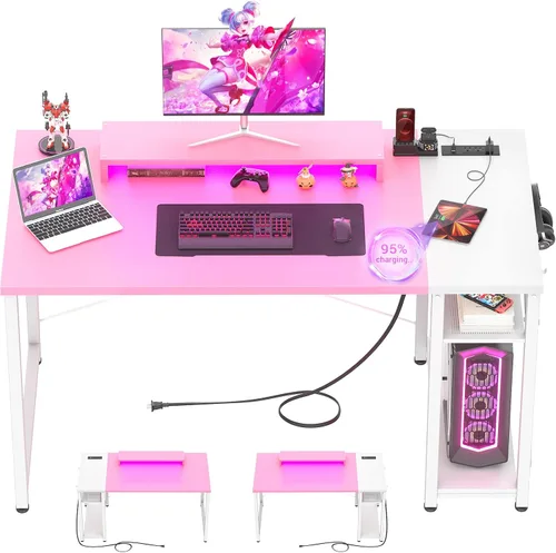 Vista 12 de Armocity Escritorio para computadora con luces LED, escritorio de juegos con toma de corriente y USB, mesa reversible para laptop 40 con soporte