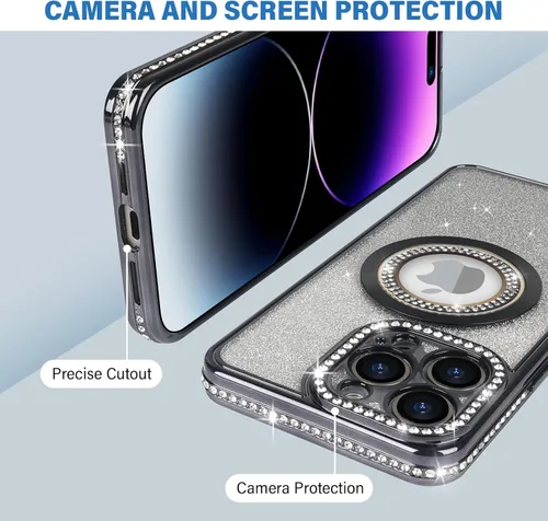 Vista 4 de Losin Funda magnética compatible con iPhone 15 Pro Max con purpurina compatible con MagSafe Funda de lujo con diamantes de imitación con logotipo