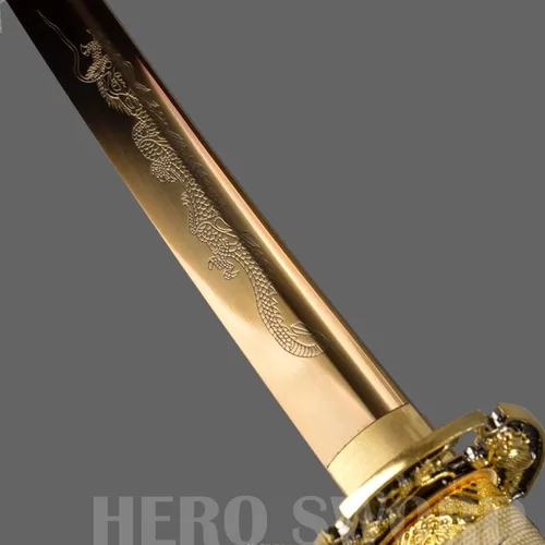 Vista 8 de Espada samurái japonesa hecha a mano con hoja de oro, grabado a mano, Katana de dragón dorado, espiga completa, afilada, puede cortar árboles