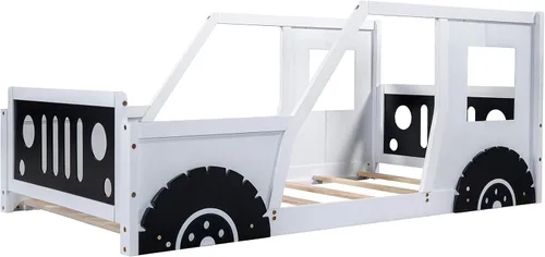 Vista 4 de Cama de plataforma de tamaño individual, cama de plataforma en forma de automóvil con ruedas y ventanas, marco de cama de madera maciza con soporte